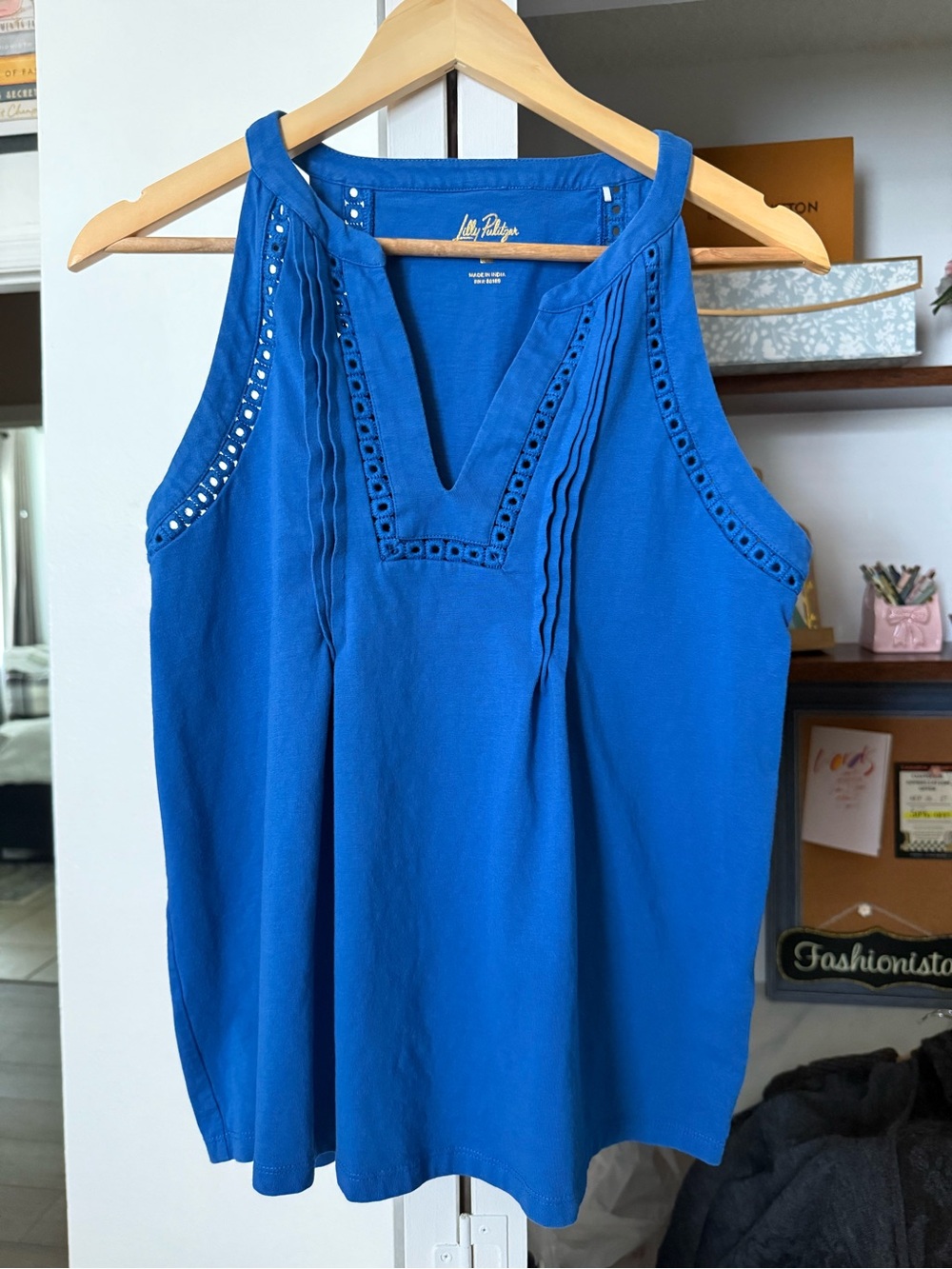 Lilly Pulitzer Cobalt Blue Eyelet Pintuck Sleeveless Top